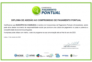Município distinguido pelo quinto ano consecutivo com Diploma de Adesão ao compromisso de Pagamento Pontual